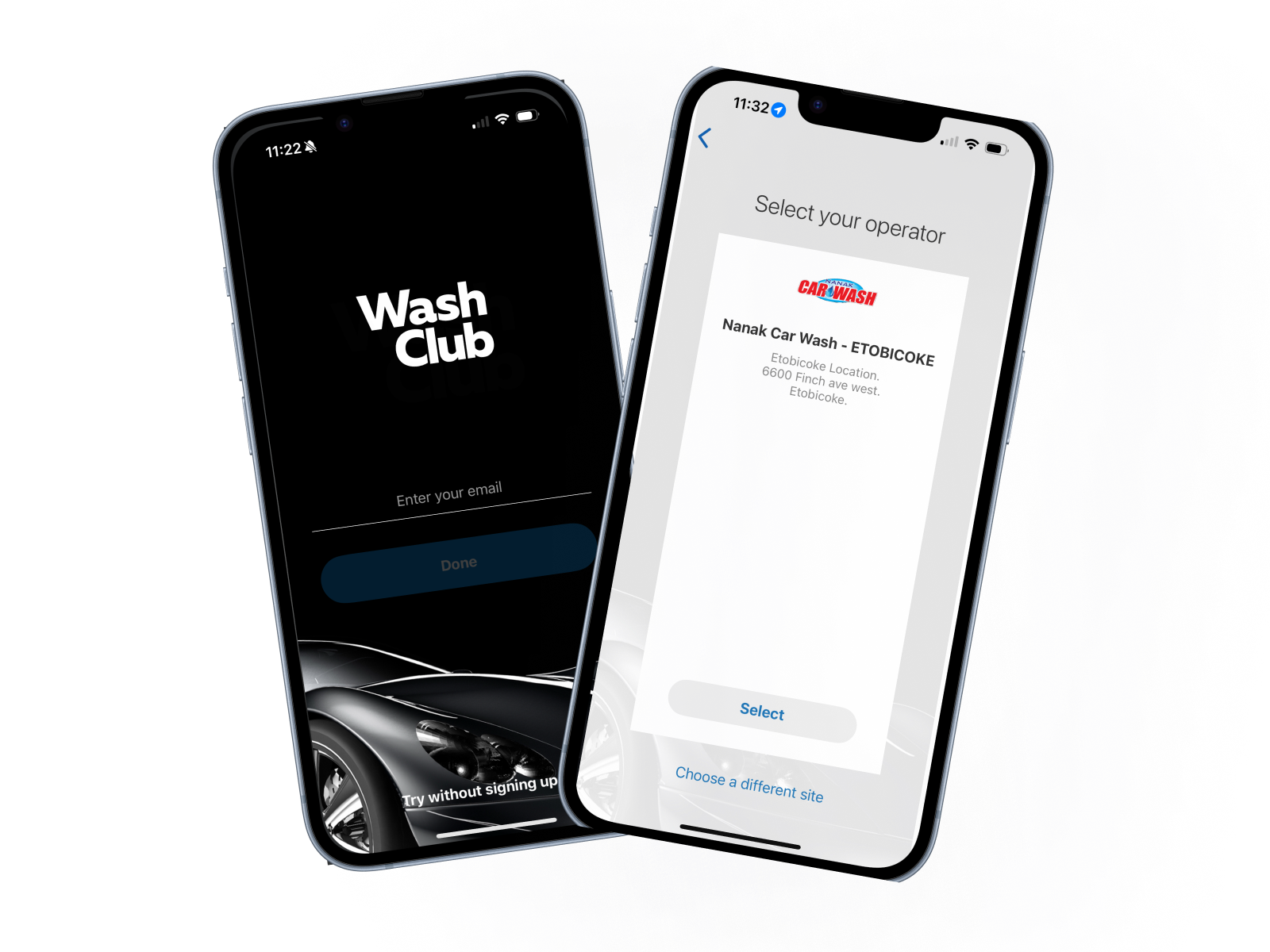Two smartphones with the Tommy's Express app open displaying the Love Your Ride welcome screen and wash plan screen