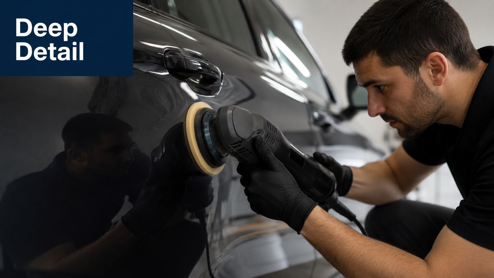A professional auto detailer uses a dual action polisher to restore the glossy paint of a black car.