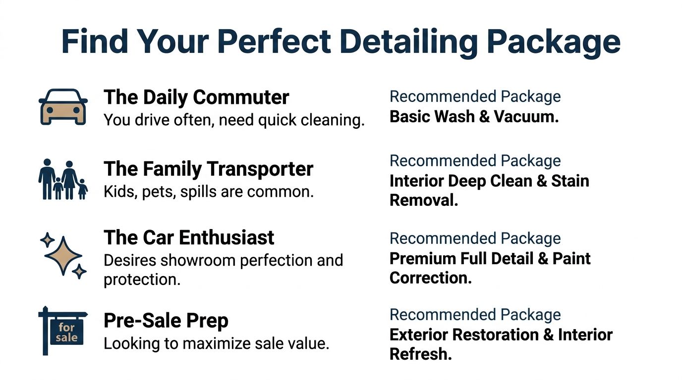 A table showcasing various car detailing packages tailored for daily drivers, families, enthusiasts, and vehicle sales.