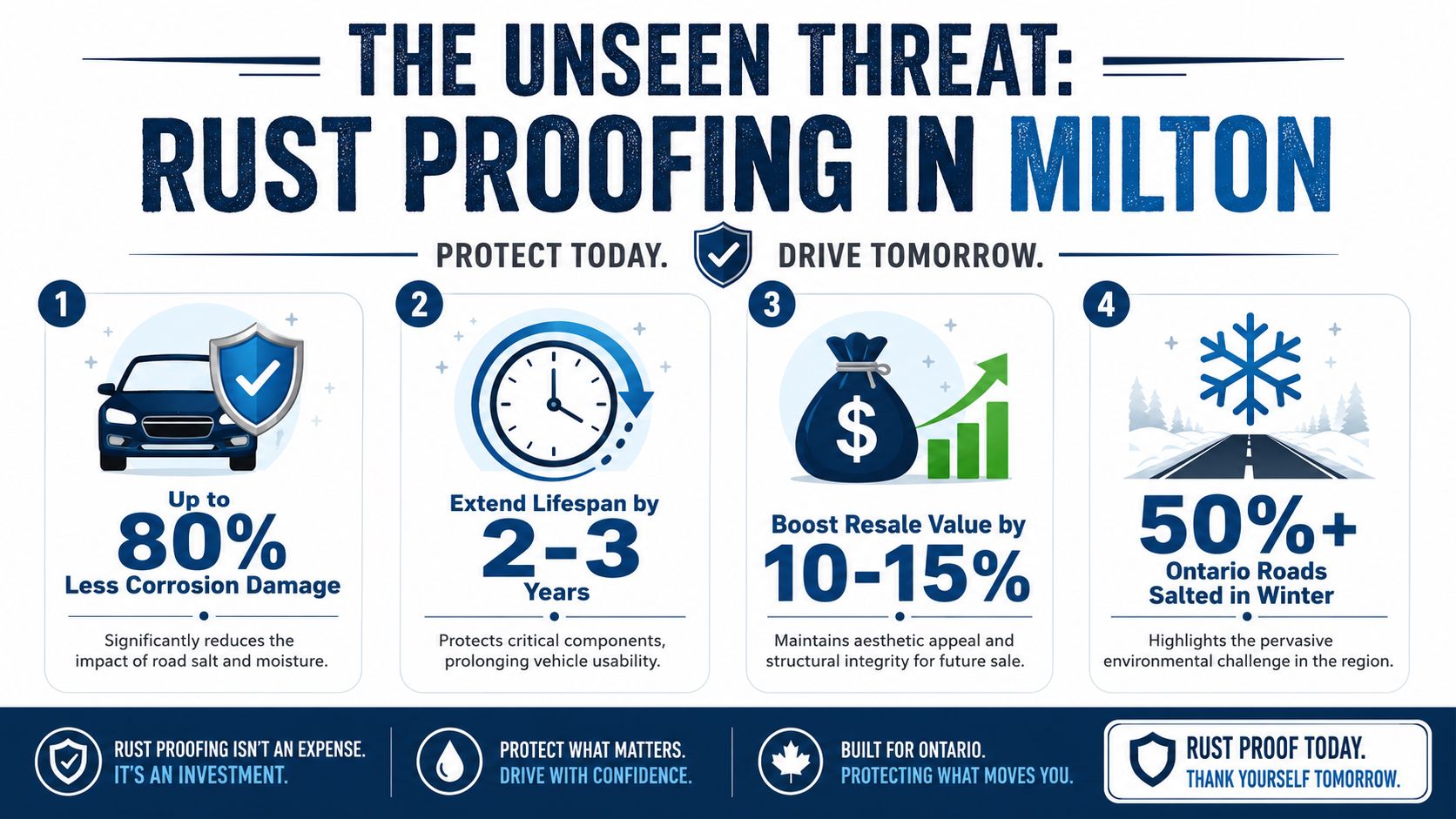 An infographic titled The Unseen Threat showcasing four key benefits of professional car rust proofing services.