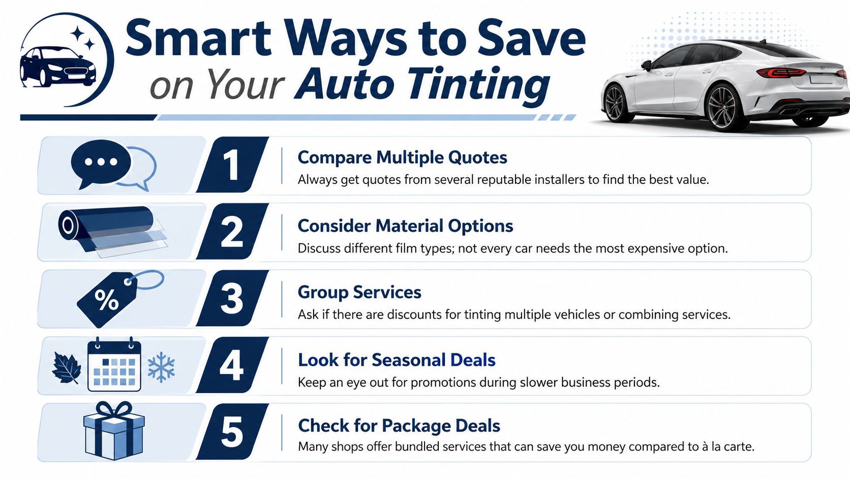 An infographic titled Smart Ways to Save on Your Auto Tinting with five numbered money-saving tips.
