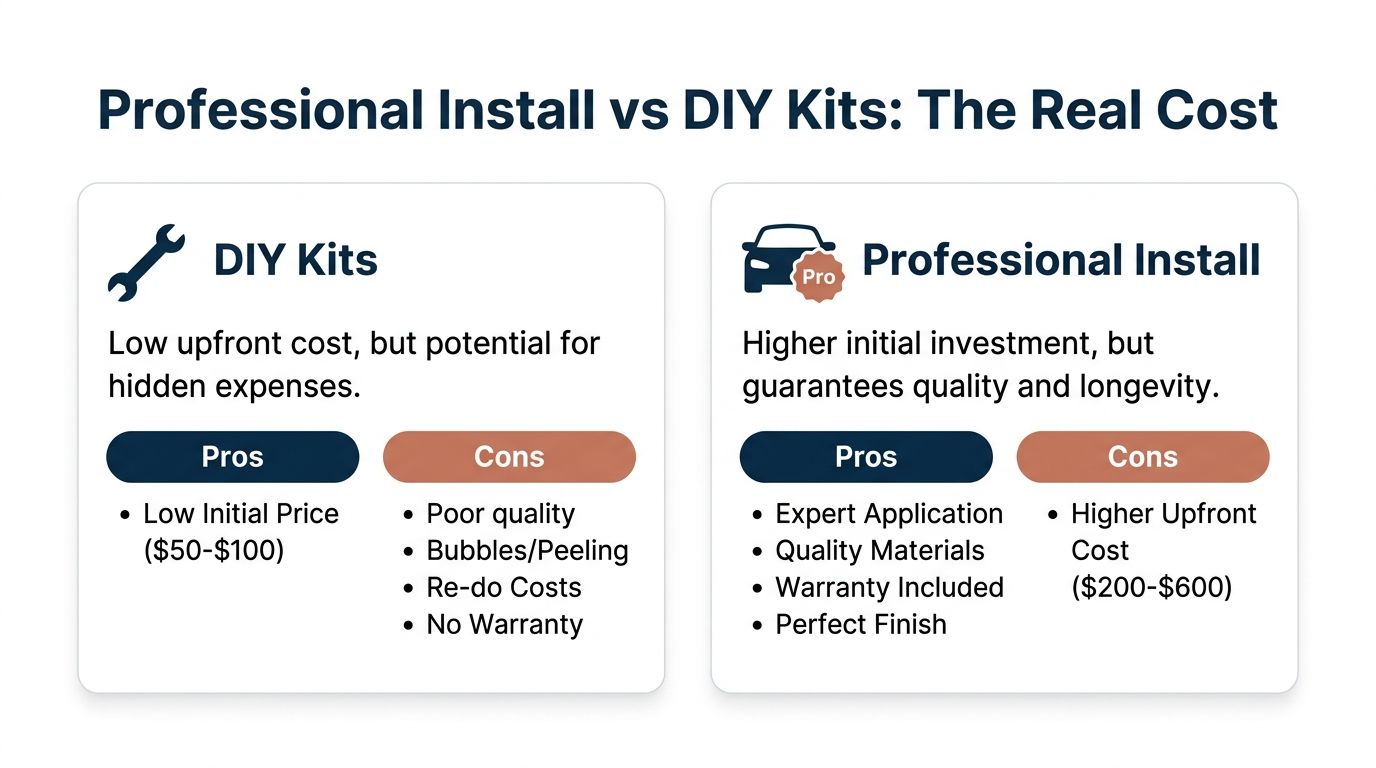 A comparison chart outlining the pros and cons of DIY auto tinting kits versus professional installation services.