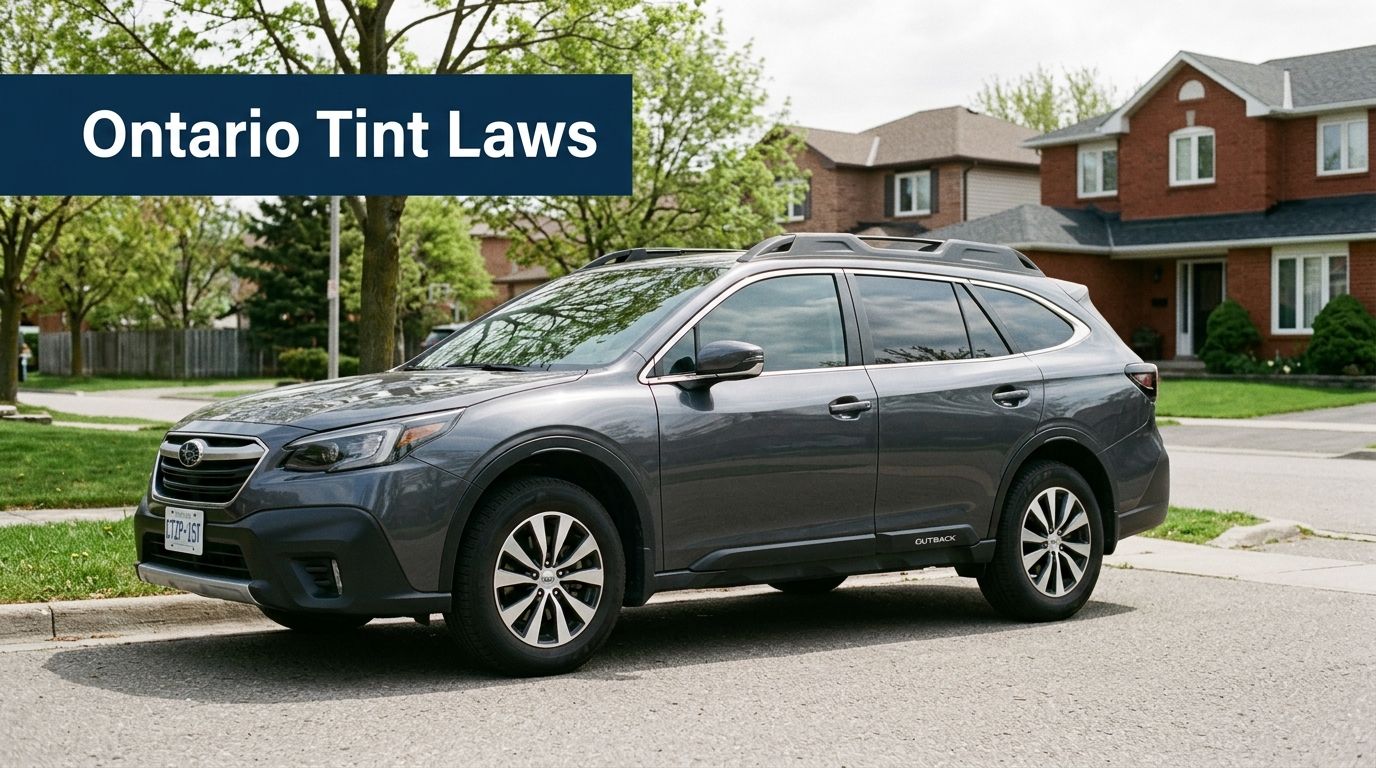 A gray Subaru Outback parked on a suburban street with the title Ontario Tint Laws overhead.