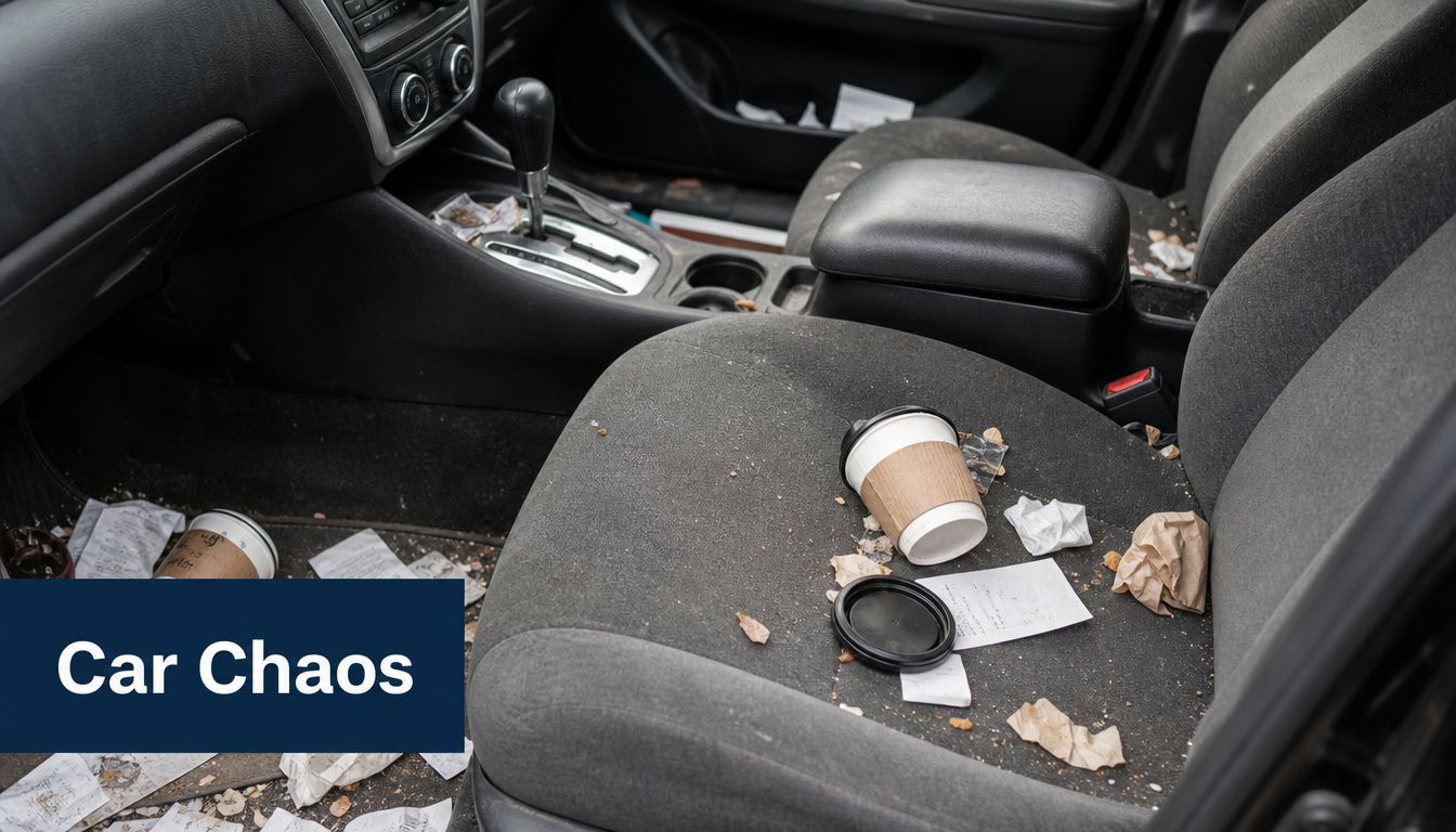 A messy car interior filled with trash including coffee cups, food wrappers, and scattered paper receipts.