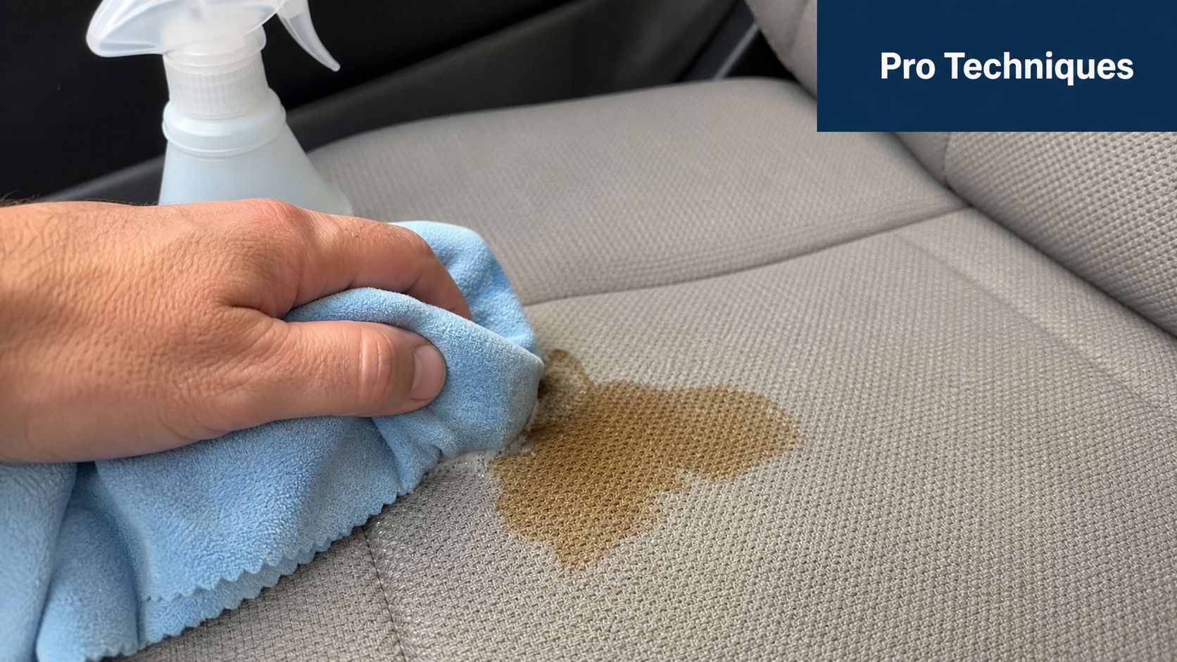 A hand using a blue microfiber cloth to clean a large brown coffee stain off gray car seat fabric.