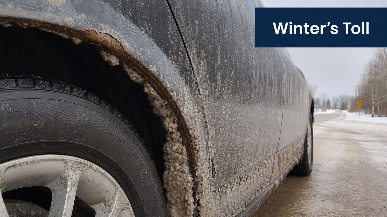 A close-up view of a car wheel arch covered in thick winter road salt and rust damage.