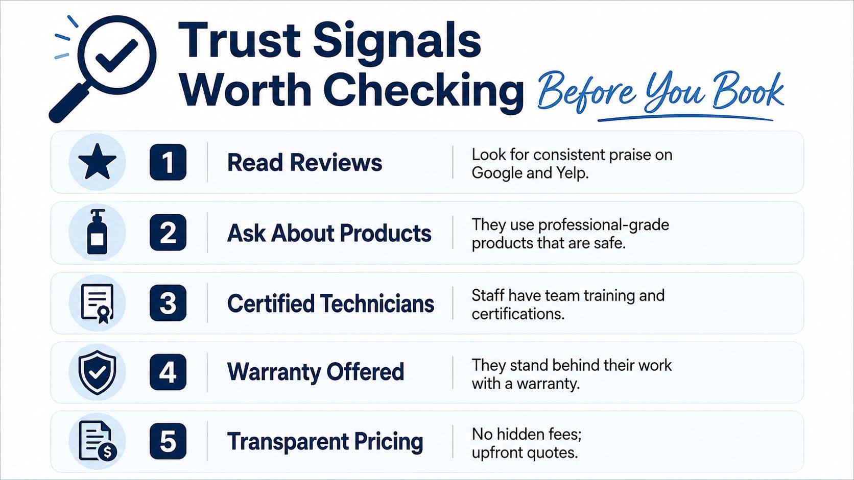 A helpful infographic listing five trust signals to verify before booking professional car auto detailing services.
