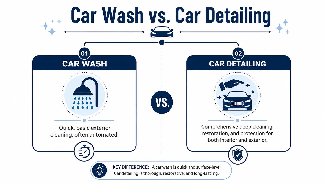 A comparison infographic between car wash and car detailing highlighting the differences in service levels.