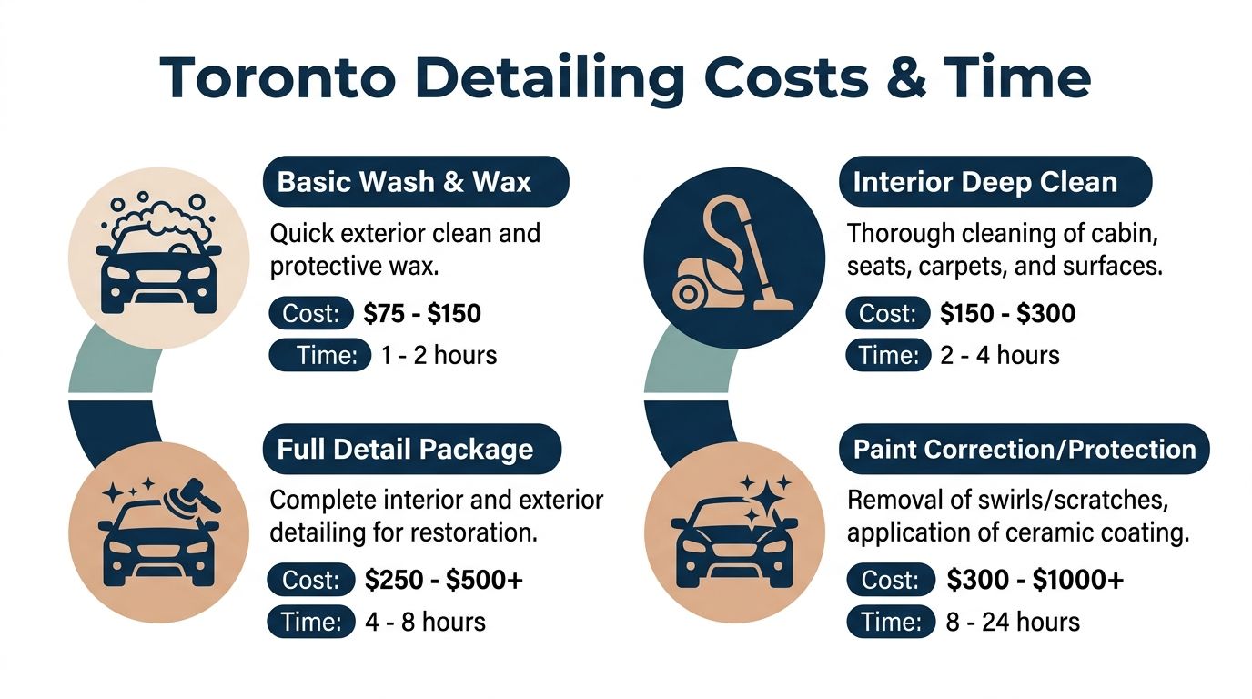 A chart showing various car detailing services in Toronto with their associated costs and time estimates.