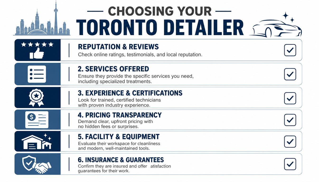A helpful infographic showing six key steps for choosing a professional car detailing service in Toronto.
