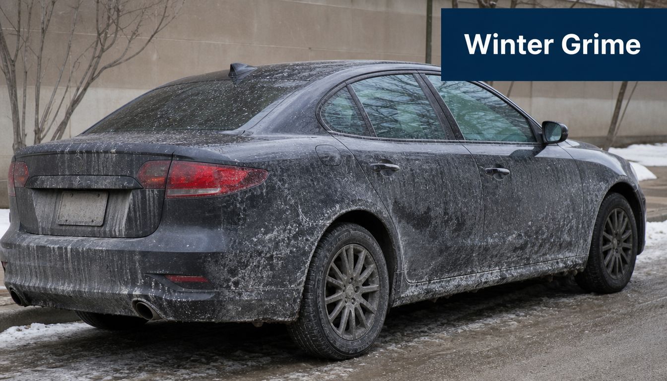 A dirty black sedan parked on a snowy road during winter showing salt and grime accumulation.