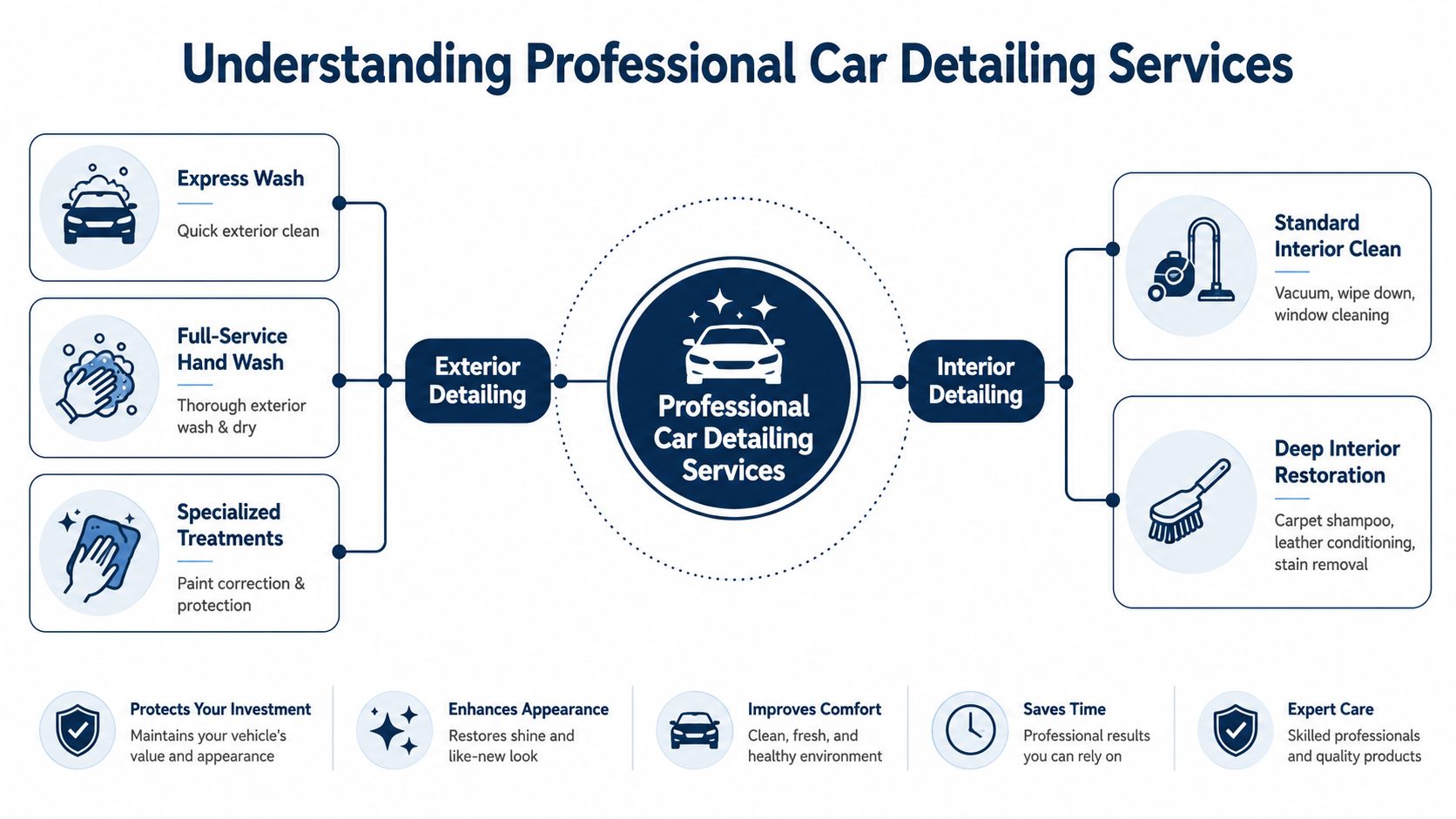 A diagram outlining professional car detailing services including both exterior wash options and interior cleaning restoration processes.