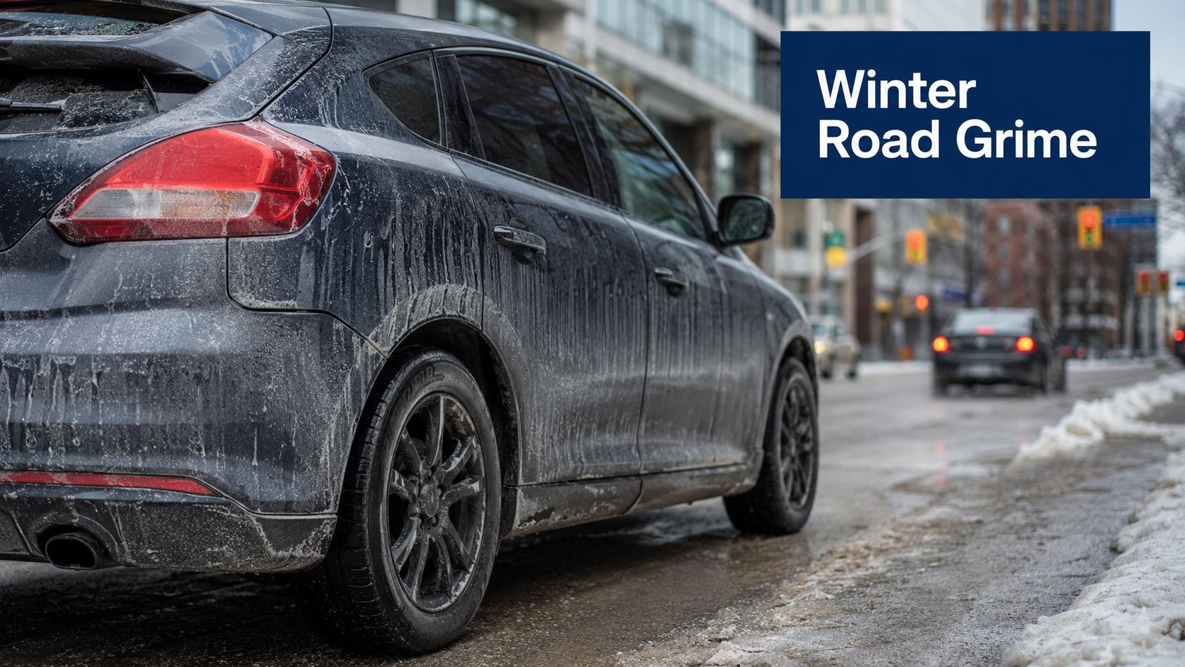 A dirty dark-colored car covered in winter road grime parked on a slushy city street.