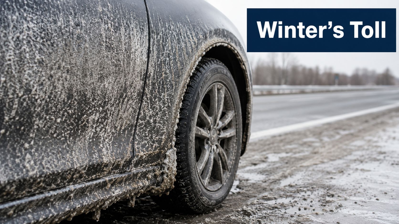 A dirty black car covered in winter road salt and slush parked on the side of a road.