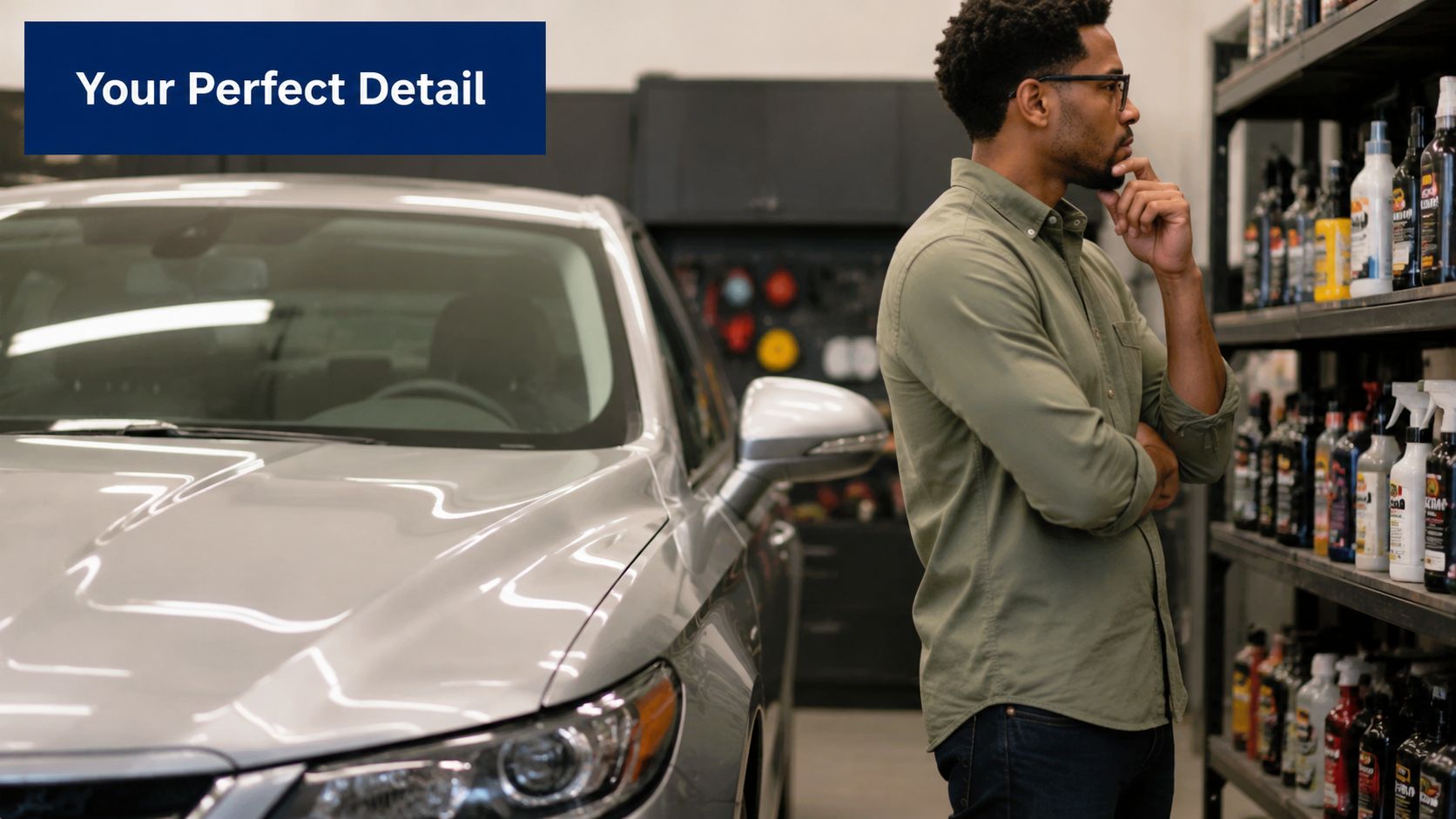 A focused man wearing glasses selects cleaning supplies from a store shelf next to a car.