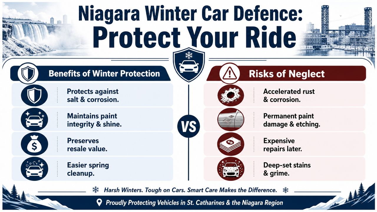 An infographic titled Niagara Winter Car Defence comparing the benefits of winter vehicle protection against neglect risks.