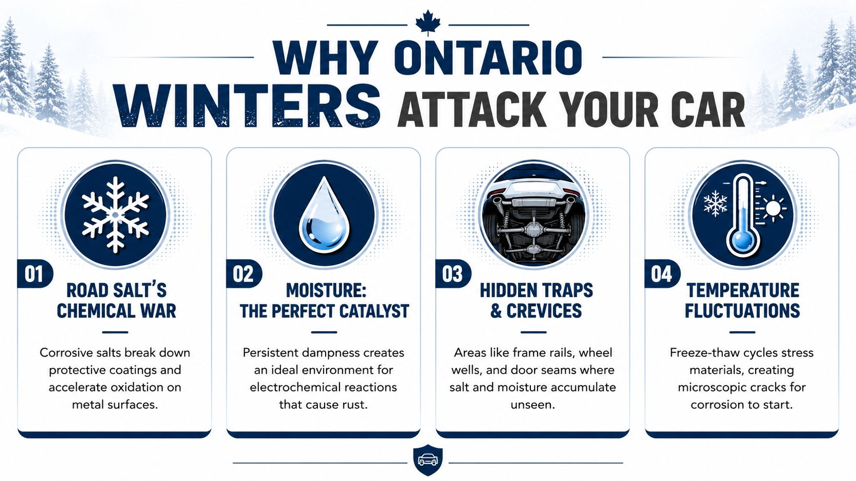 An infographic titled Why Ontario Winters Attack Your Car highlighting four factors causing vehicle rust.