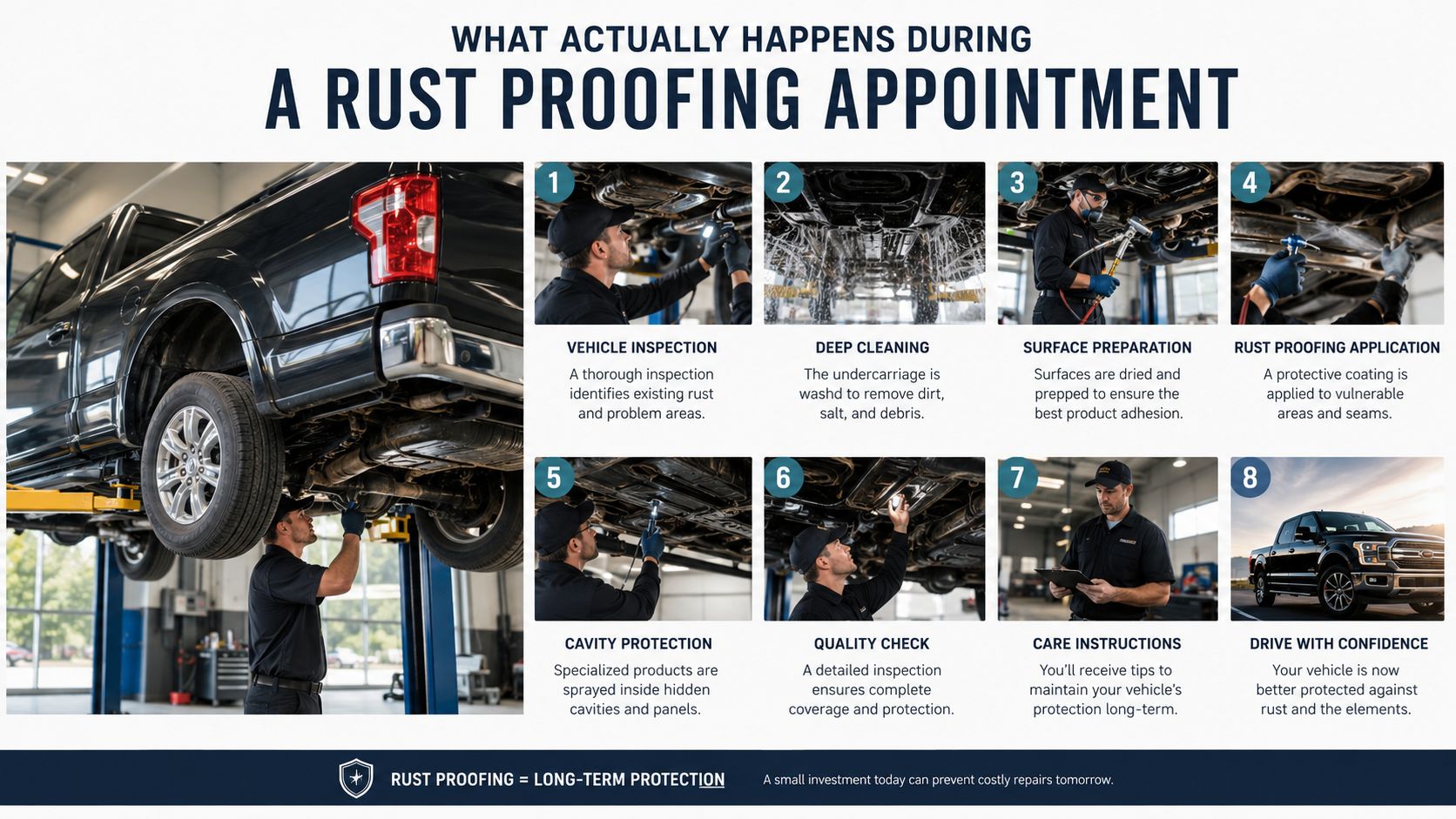 A technician performing a multi-step rust proofing process on a pickup truck in an automotive service shop.