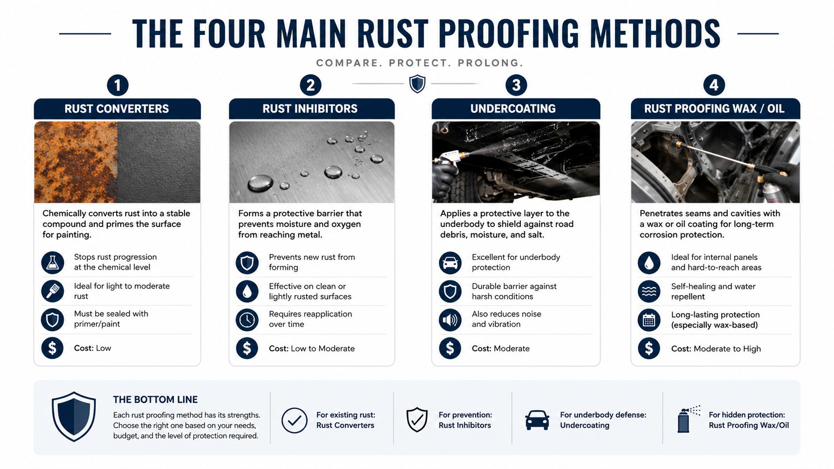 An infographic showing the four main methods for rust proofing vehicles, including converters, inhibitors, undercoating, and wax.