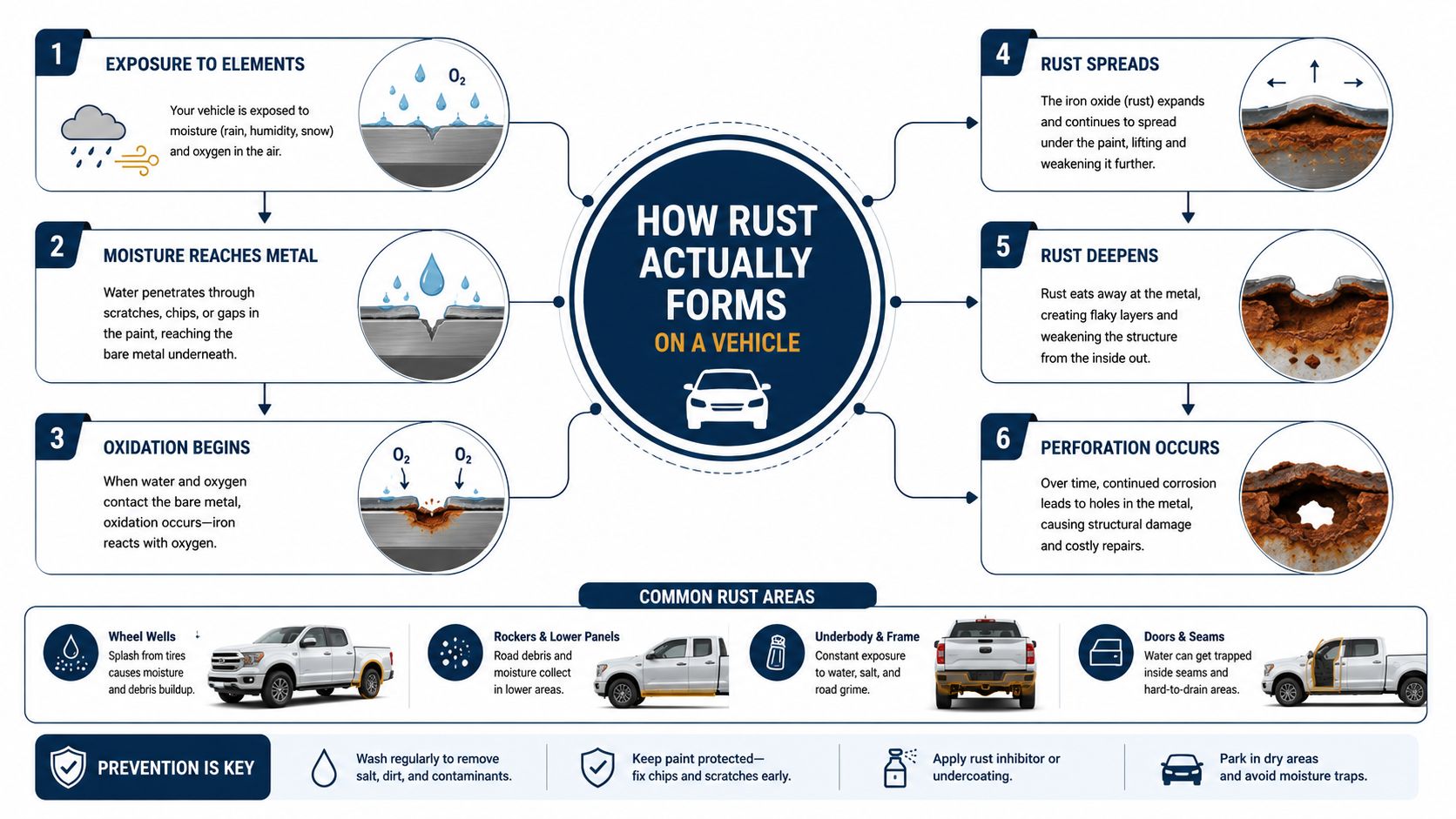 An infographic detailing how vehicle rust forms, the common rust areas on a car, and essential prevention tips.