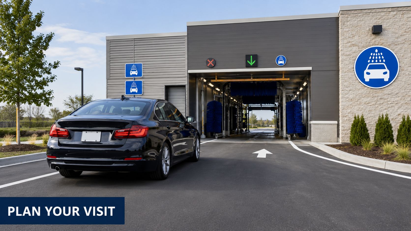 A black sedan approaching the entrance of a modern automated car wash facility on a sunny day.