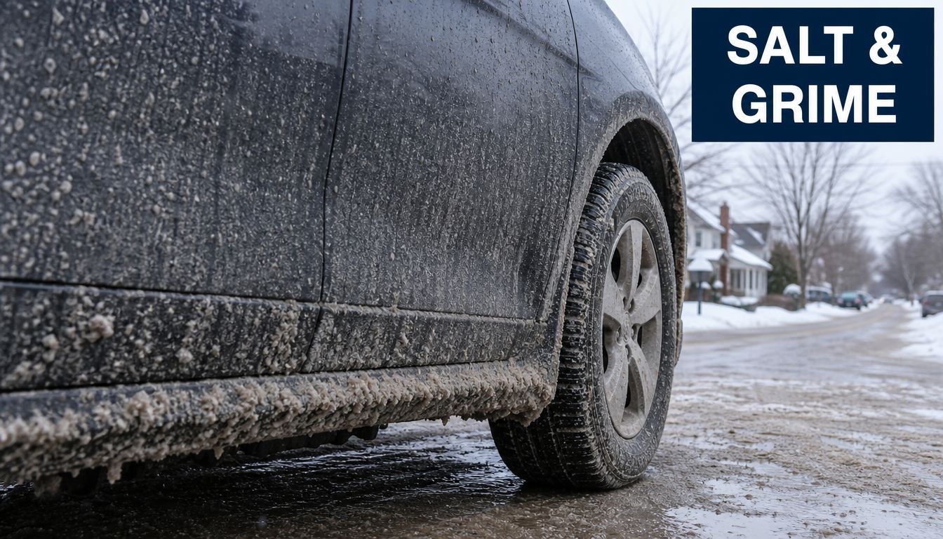 A black vehicle heavily covered in road salt and grime parked on a winter residential street.