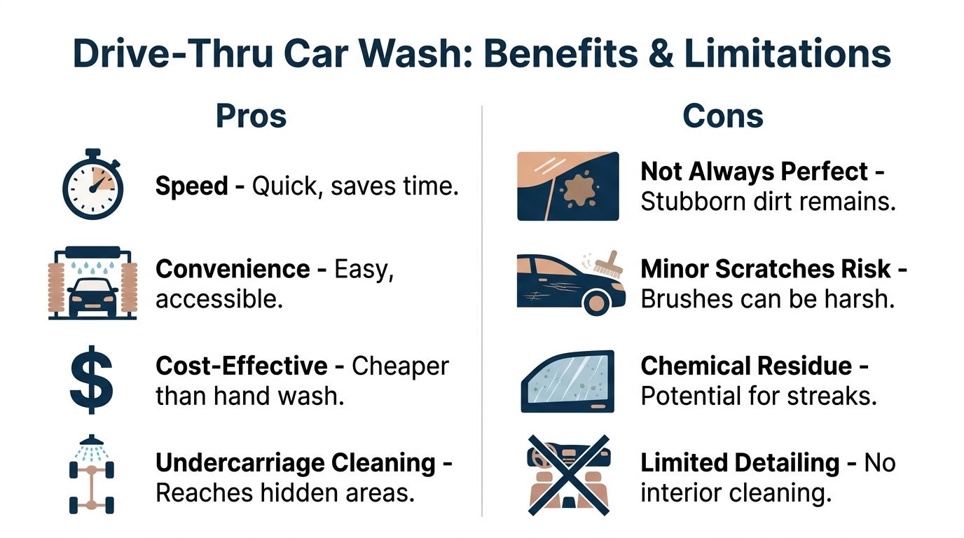 An infographic comparing the pros and cons of using a drive-thru car wash service for vehicles.