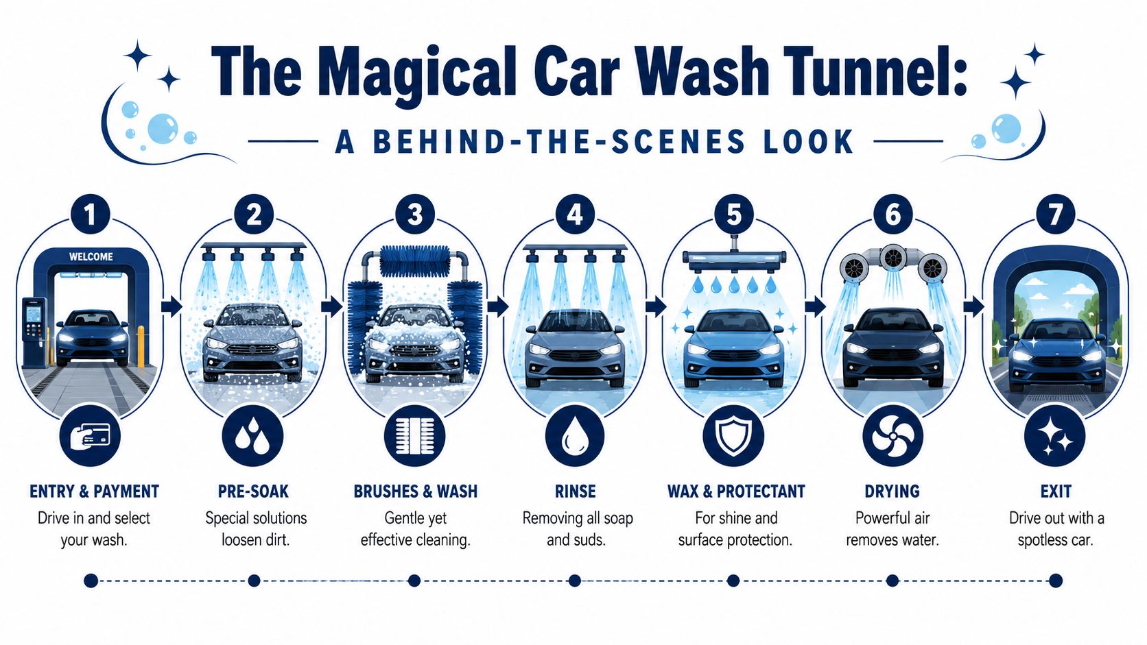 A step-by-step infographic illustrating the seven stages of a professional automated car wash tunnel process.