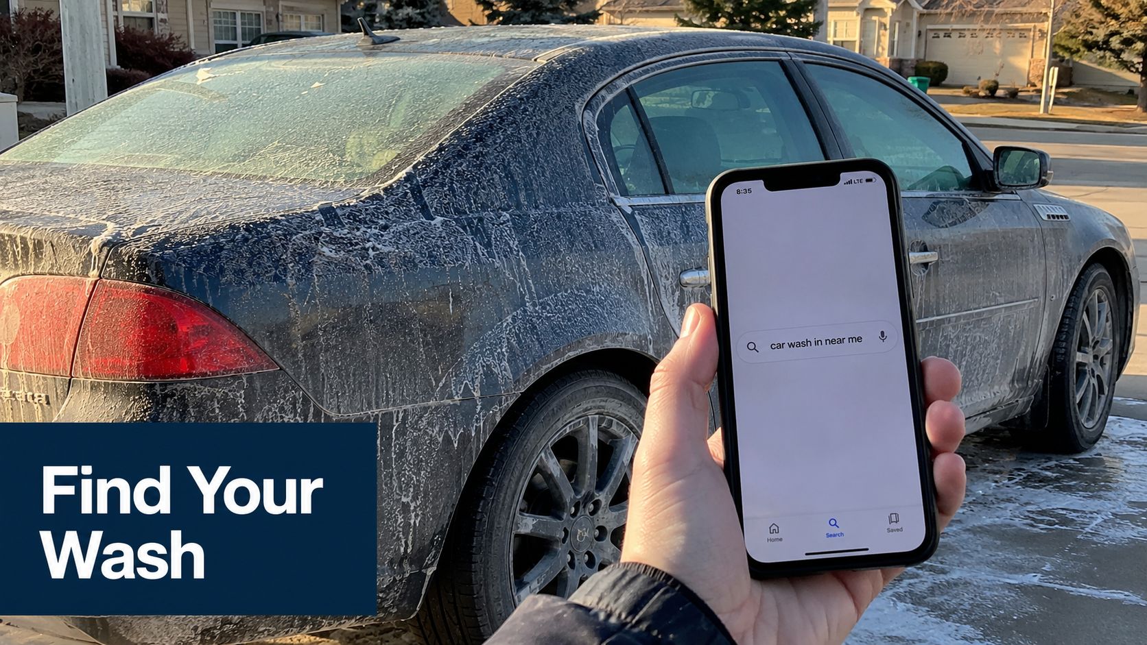 A hand holding a smartphone showing a search for a car wash near a dirty car.