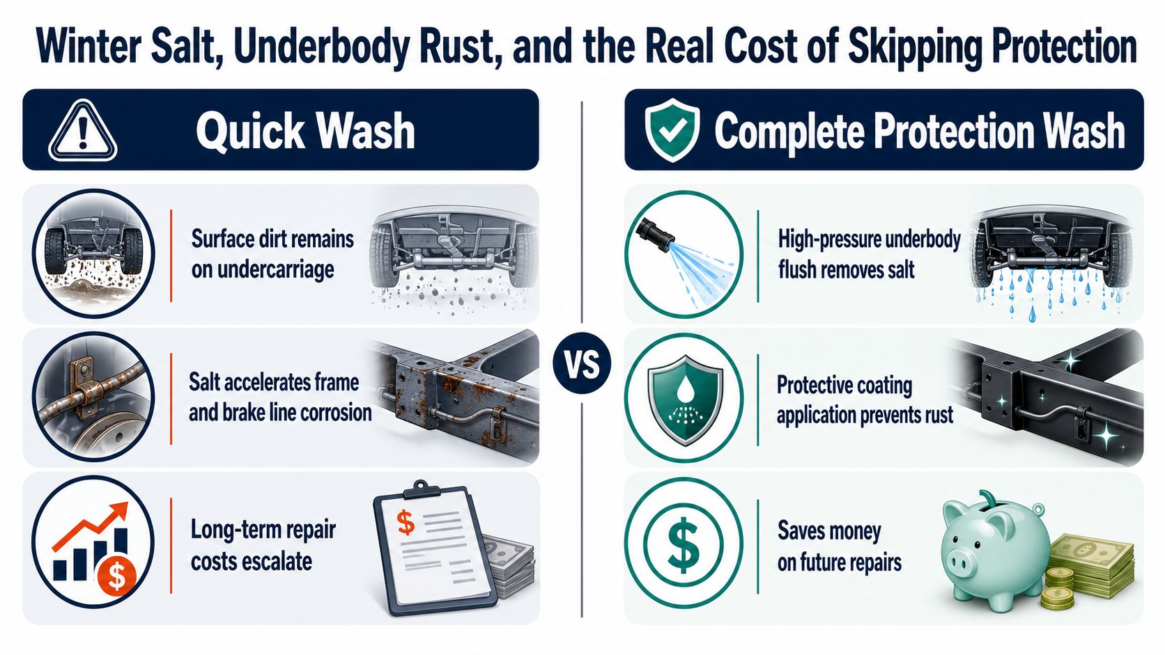 A comparison infographic showing the benefits of a complete protection car wash over a quick wash.
