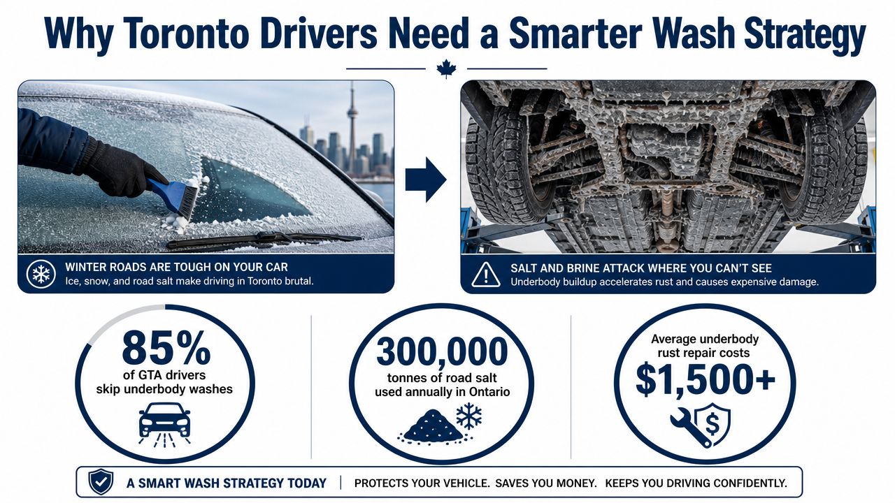 An infographic showing the importance of underbody car washes to prevent rust from winter road salt.