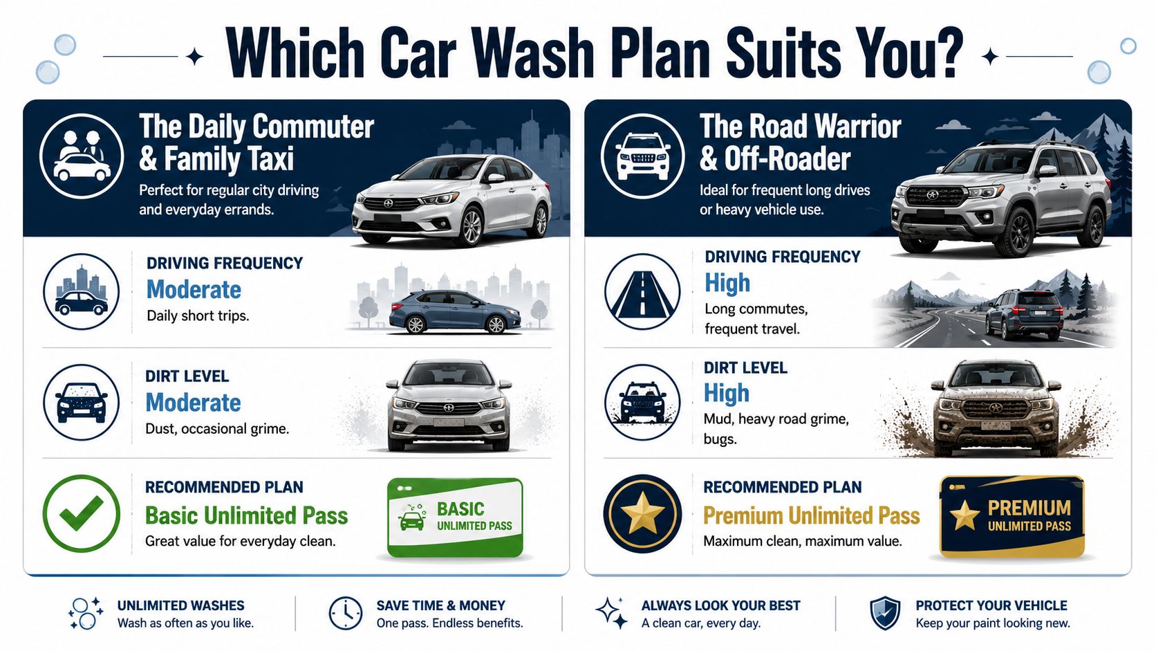 A comparison chart explaining which monthly unlimited car wash plan suits different driving habits and vehicles.