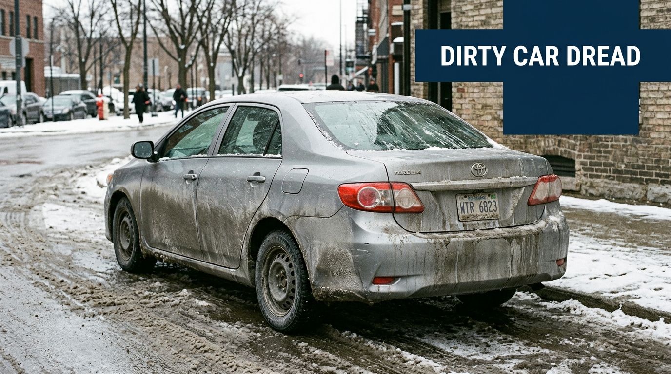 A dirty silver Toyota sedan parked on a slushy, snow-covered city street during a cold winter day.