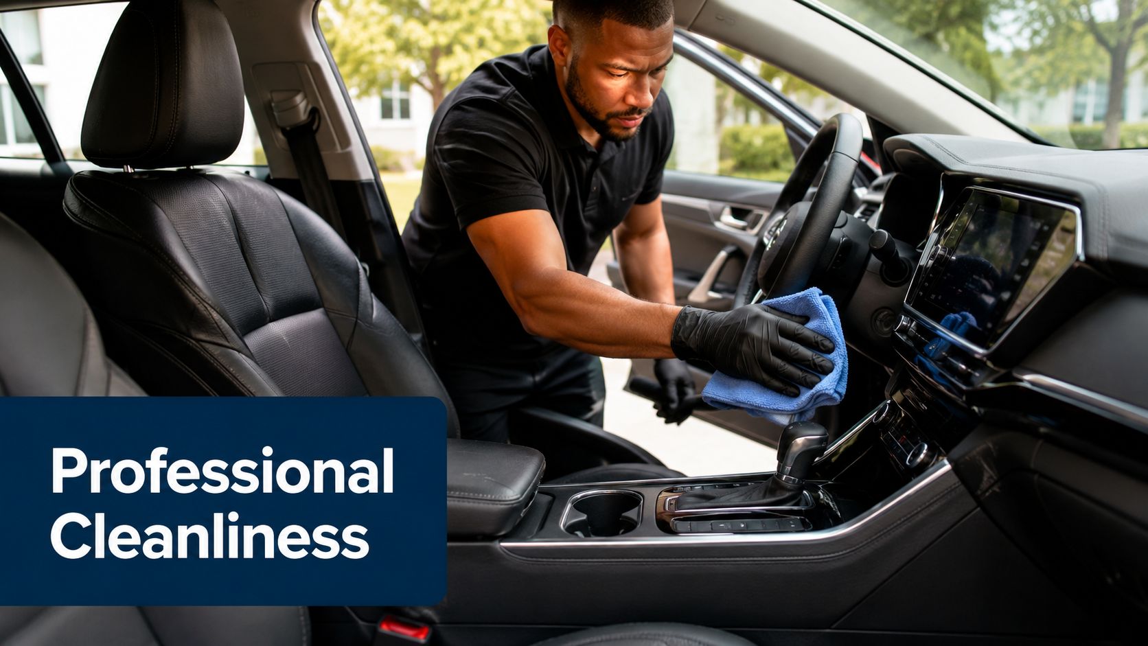 A professional car detailer wearing gloves wipes down the interior dashboard of a luxury vehicle.