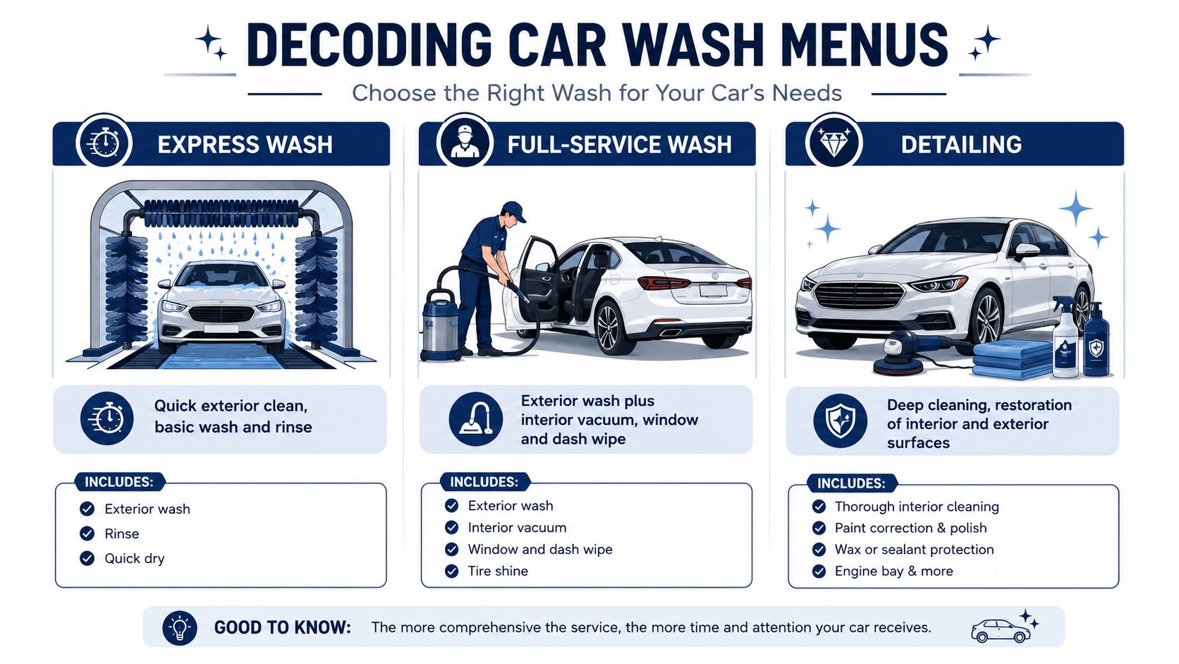 An infographic titled Decoding Car Wash Menus comparing express wash, full-service wash, and car detailing services.