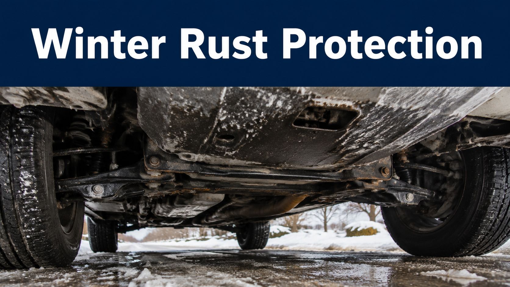 A close-up view of a car undercarriage covered in slush, highlighting the need for winter rust protection.