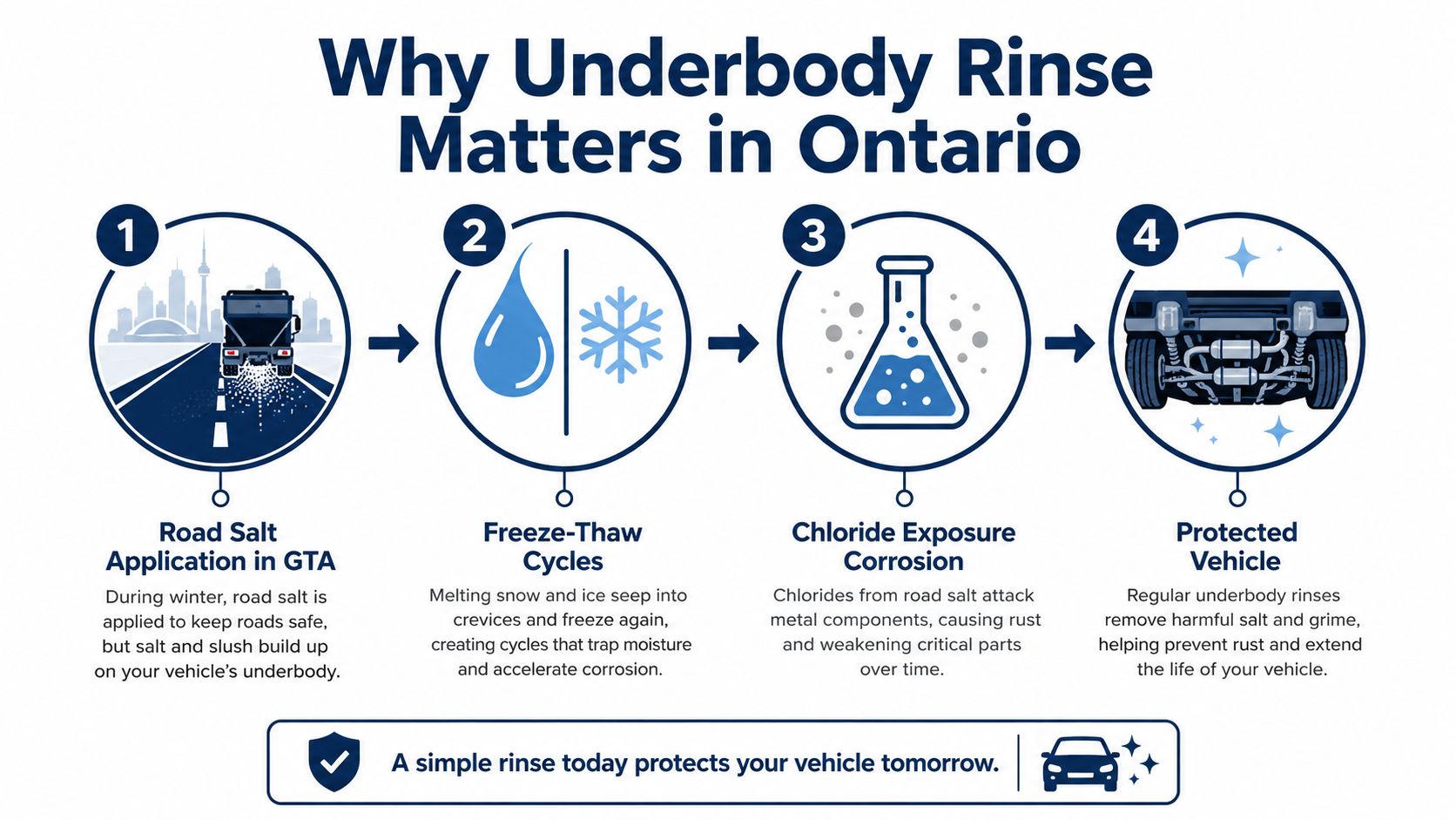 An infographic showing four steps explaining why regular underbody car washes are essential for Ontario vehicles.