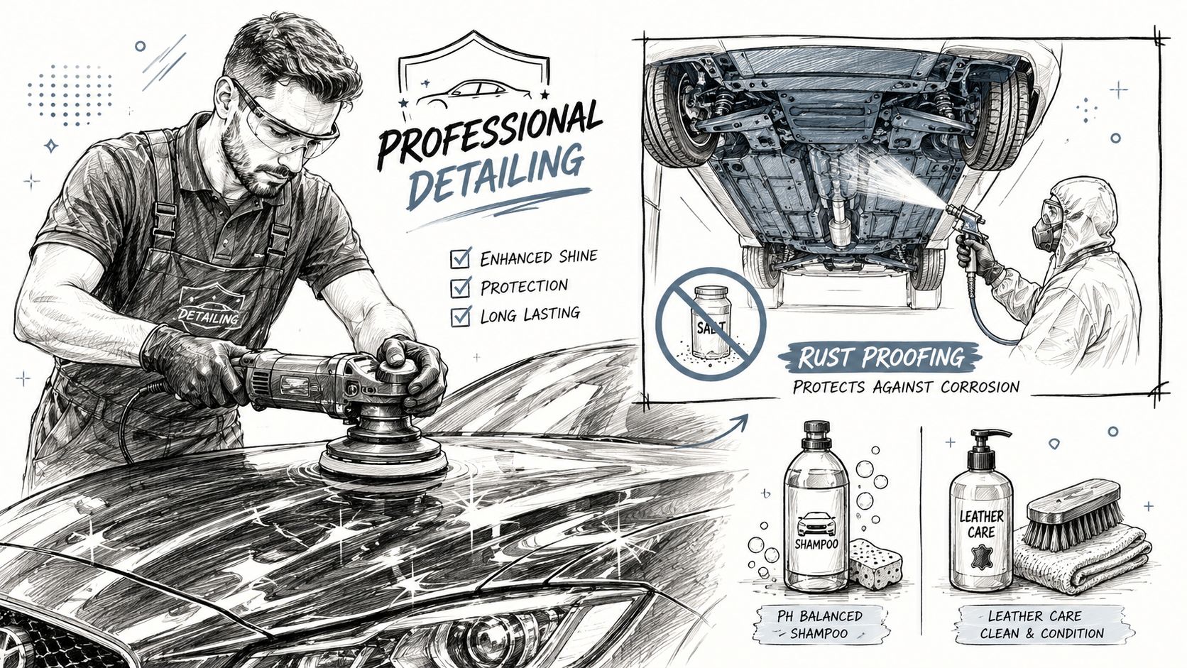A professional car detailing infographic featuring a detailer polishing a vehicle, rust proofing, and cleaning supplies.
