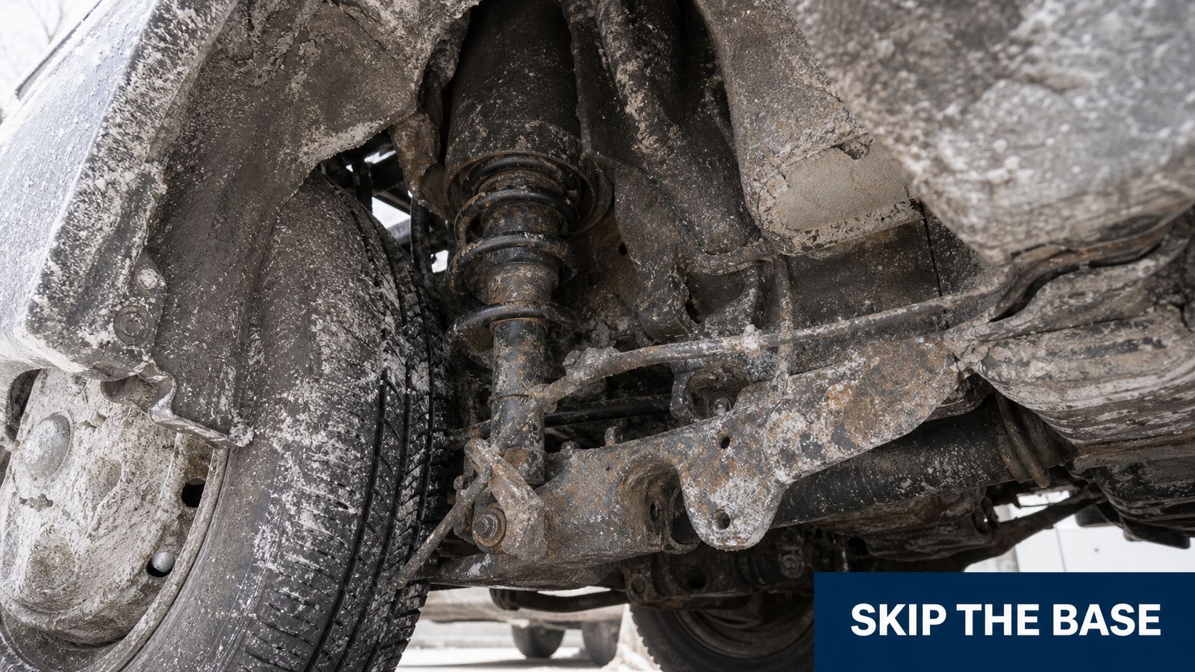 A close-up view of a muddy car suspension system and tire covered in road salt and grime.