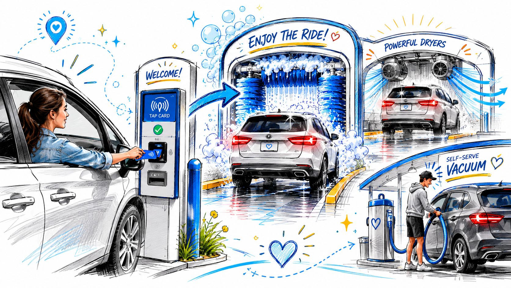 An illustration showing a car wash service with payment, automatic washing, drying, and vacuuming stations in Toronto.
