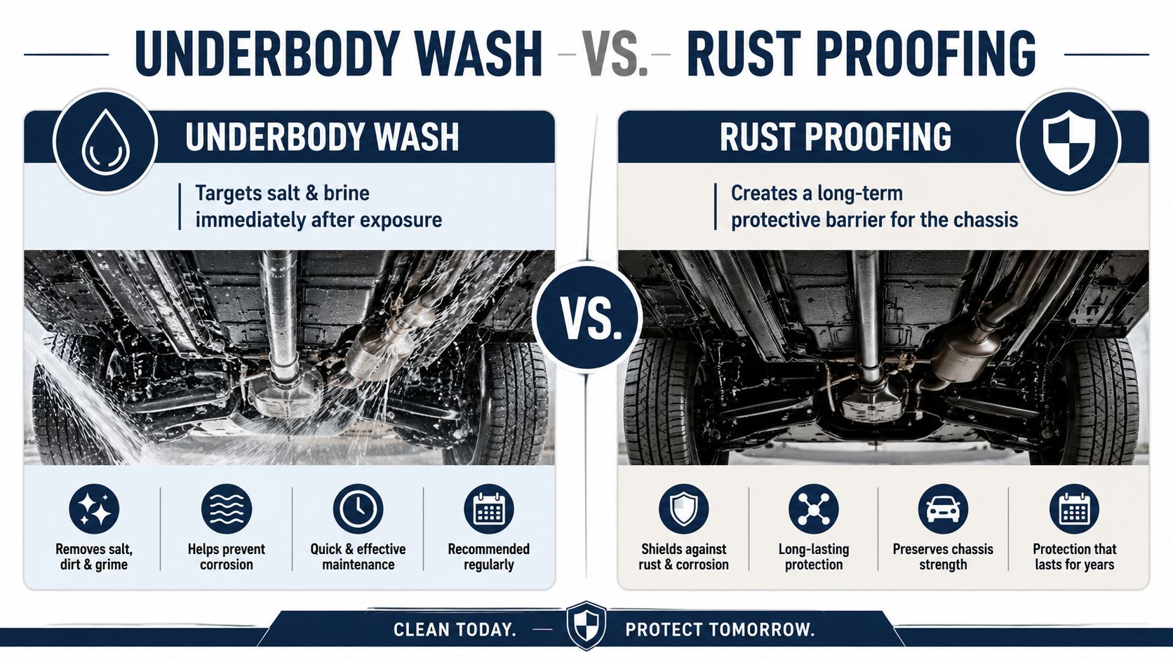 An infographic comparing the benefits of an underbody car wash versus applying professional rust proofing treatment.