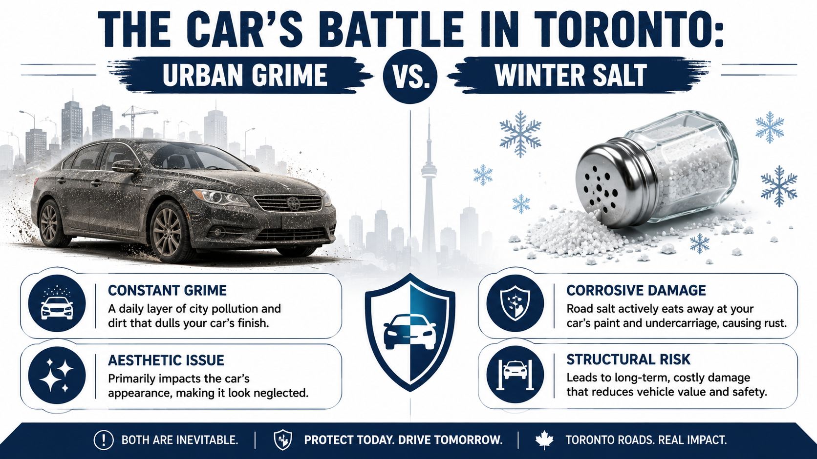 An infographic comparing the negative effects of urban grime and winter road salt on vehicles in Toronto.