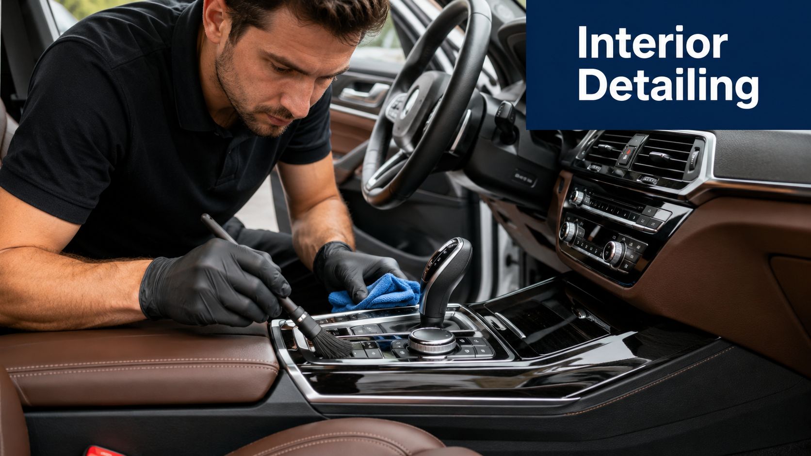 A professional detailer using a soft brush to carefully clean the center console of a car interior.