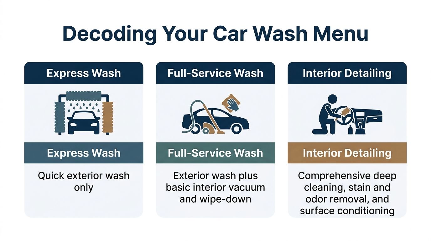 A graphic titled Decoding Your Car Wash Menu explaining the differences between express, full-service, and interior detailing.