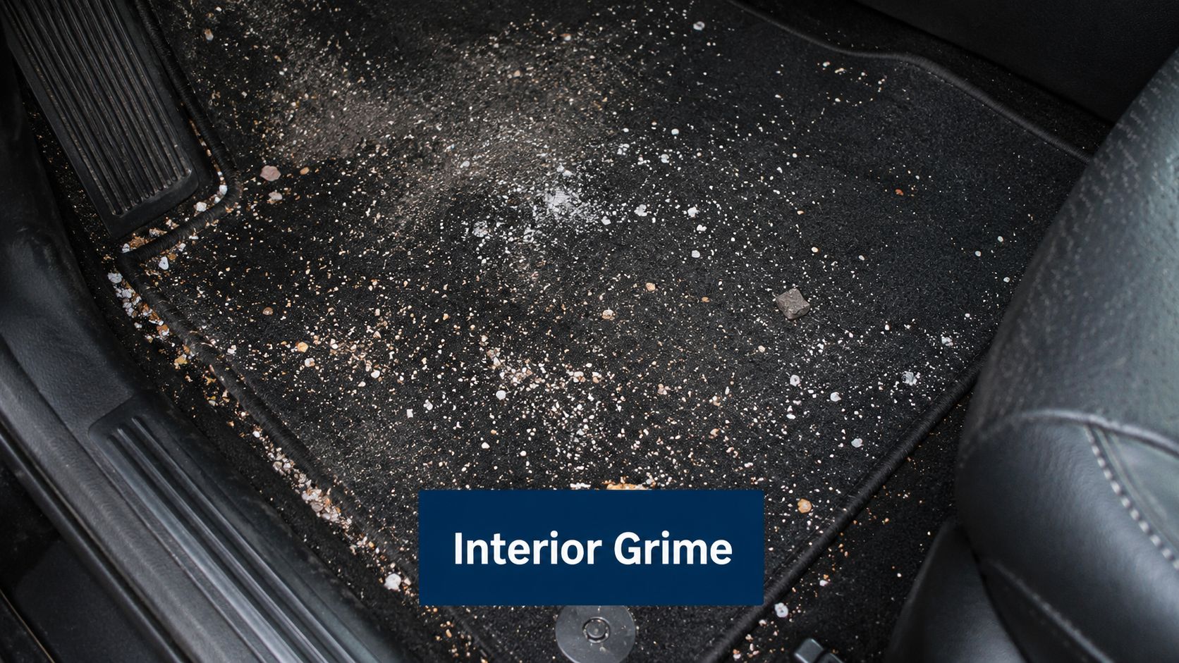 A dirty black car floor mat covered in sand, debris, and crumbs inside a vehicle interior.