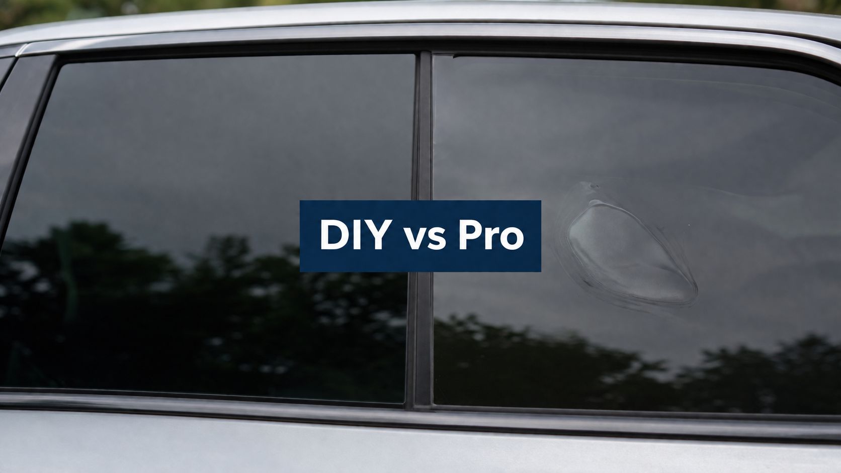 A car side window showing a comparison between a professional tint and a DIY tint job.