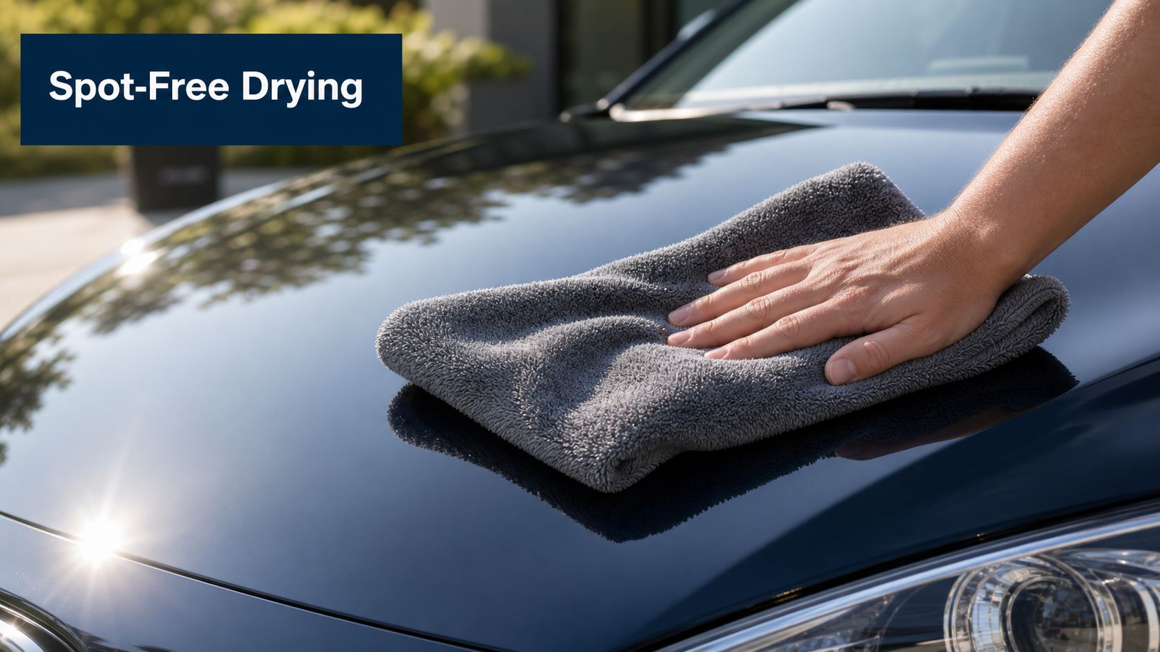 A person uses a gray microfiber cloth to dry the shiny hood of a dark blue car.