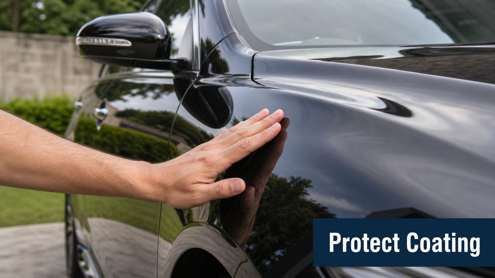 A close-up view of a person touching the smooth, polished black exterior of a luxury car.