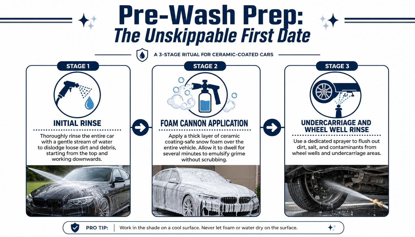 An instructional graphic showing a three-stage pre-wash preparation process for maintaining vehicles with ceramic coatings.