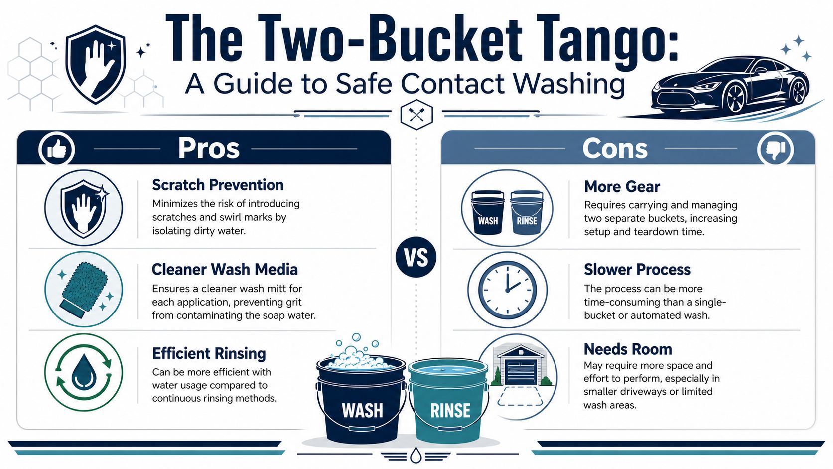 An infographic detailing the pros and cons of the two-bucket car washing method for vehicle maintenance.